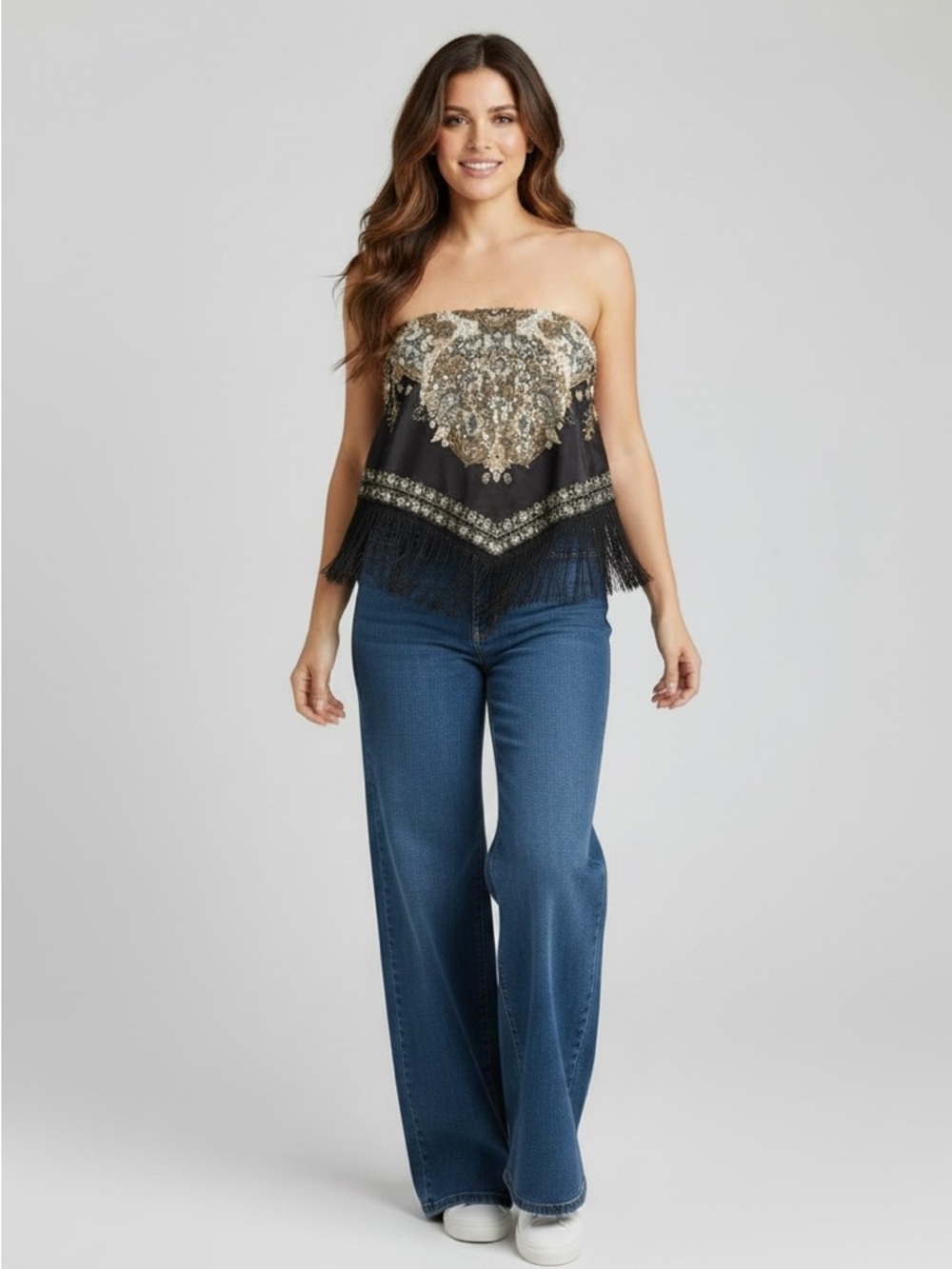 NWT Buckle Black Multi Satin Fringe Handkerchief Tube Top Western Cowgirl size S